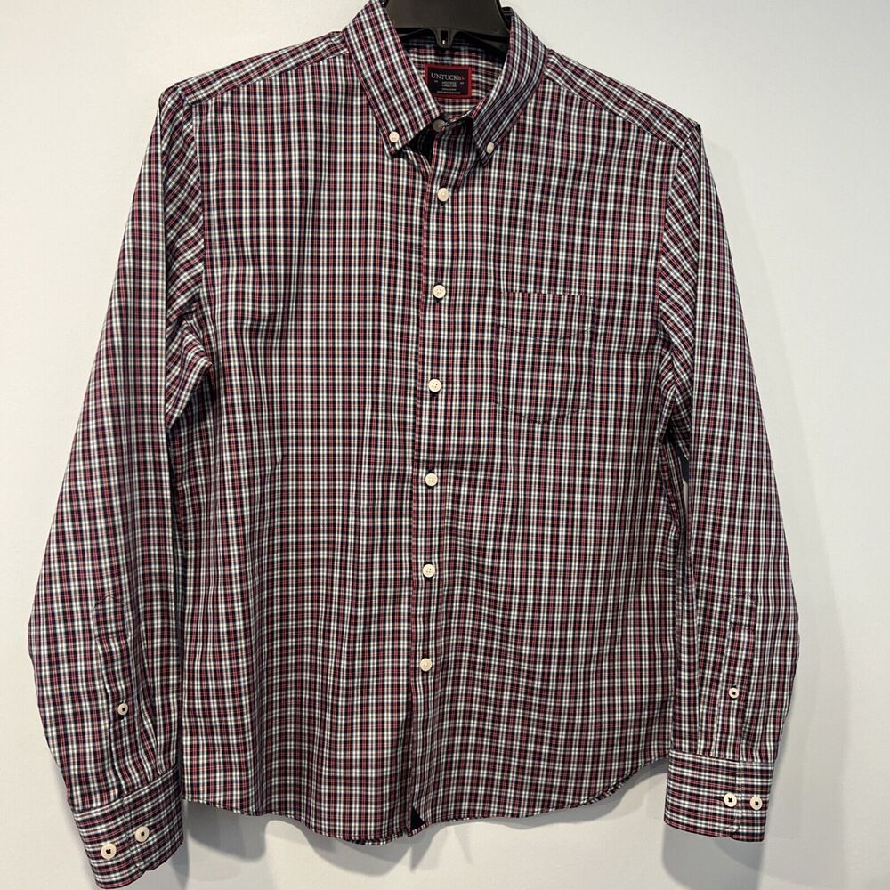 Untuckit Shirt Men Medium Blue Red Plaid Wrinkle Free Button Up Long Sleeves